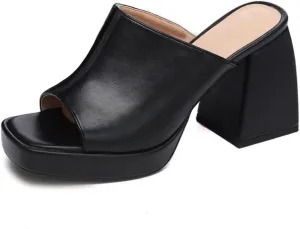 Coutgo Womens Chunky Platform Mules Sandals Slip On Block Heels Square Toe High Heeled Dress Shoes