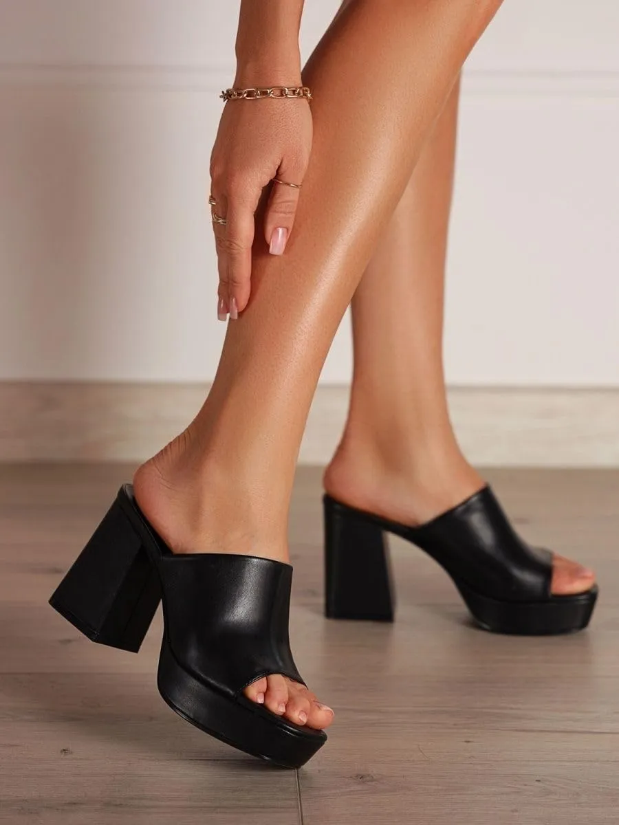 Coutgo Womens Chunky Platform Mules Sandals Slip On Block Heels Square Toe High Heeled Dress Shoes