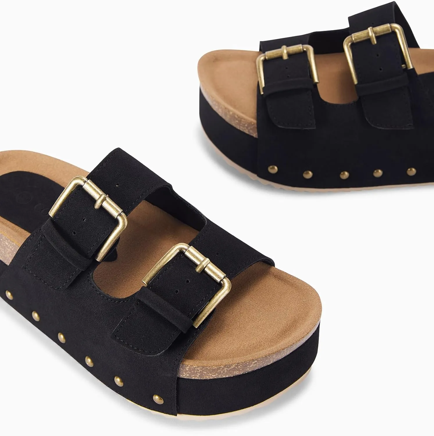 Coutgo Women's Cork Platform Sandals Slip on Mules and Clogs Double Buckle Straps Summer Shoes