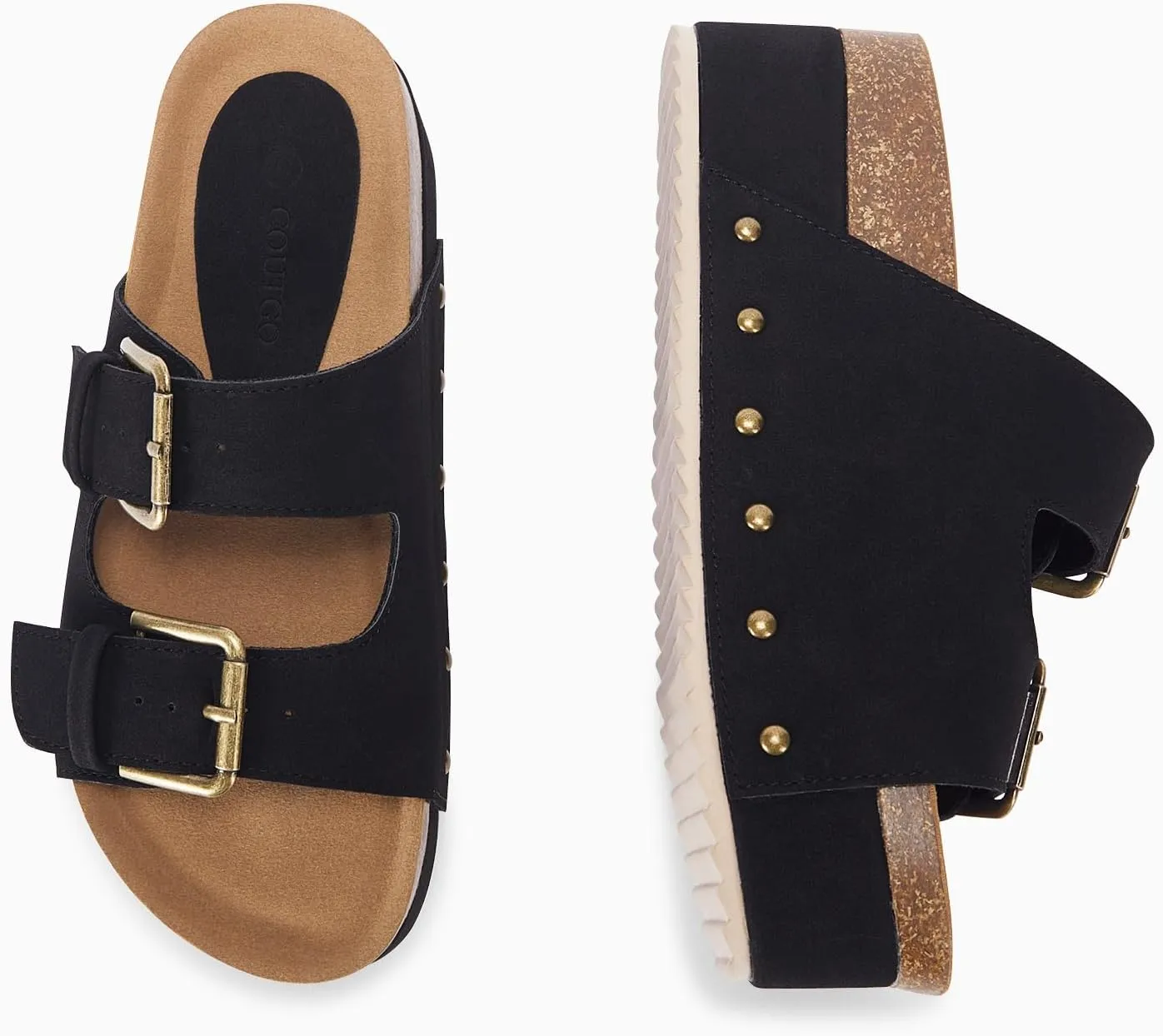 Coutgo Women's Cork Platform Sandals Slip on Mules and Clogs Double Buckle Straps Summer Shoes