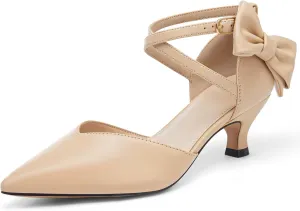 Coutgo Womens Low Kitten Heel Bow Heels Dress Shoes Closed Pointed Toe Ankle Strap Elegant Wedding Party Pumps