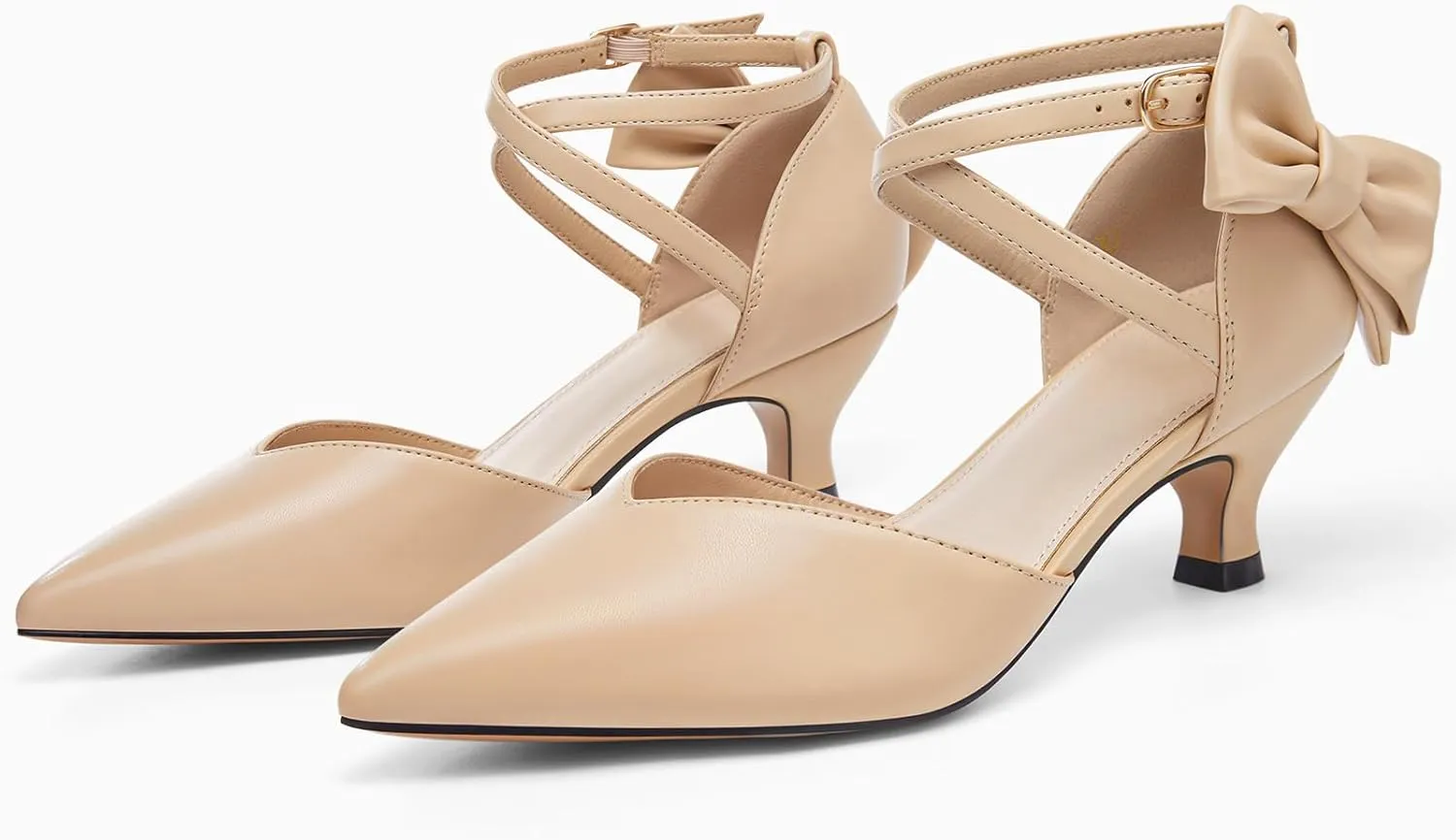 Coutgo Womens Low Kitten Heel Bow Heels Dress Shoes Closed Pointed Toe Ankle Strap Elegant Wedding Party Pumps