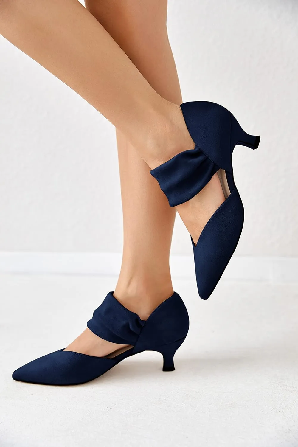 Coutgo Womens Low Kitten Heel Dress Shoes Pointed Toe Slip on Ankle Strap Cutout Elegant Party Wedding Pumps