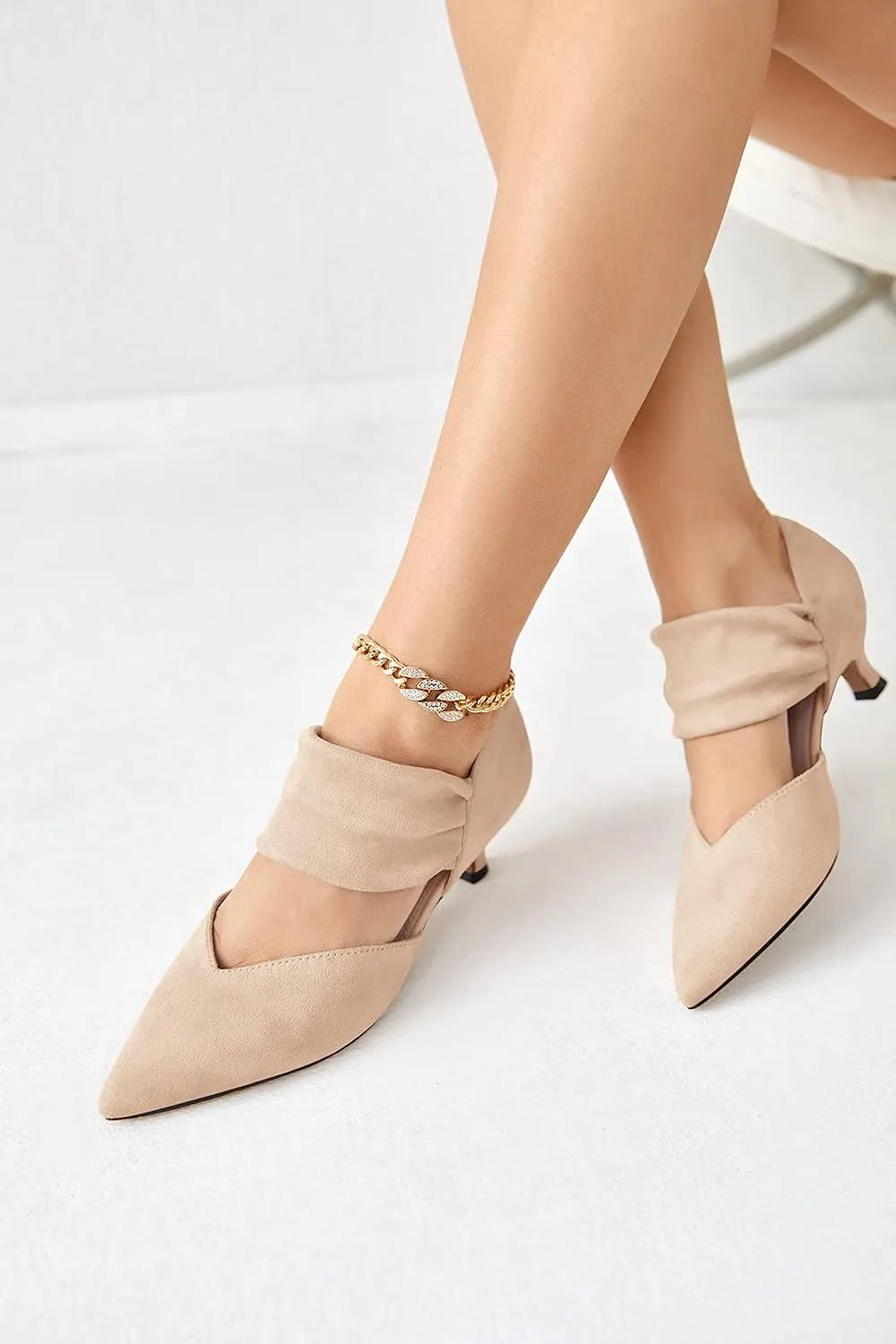 Coutgo Womens Low Kitten Heel Dress Shoes Pointed Toe Slip on Ankle Strap Cutout Elegant Party Wedding Pumps
