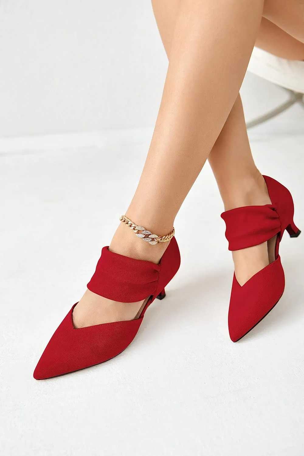 Coutgo Womens Low Kitten Heel Dress Shoes Pointed Toe Slip on Ankle Strap Cutout Elegant Party Wedding Pumps
