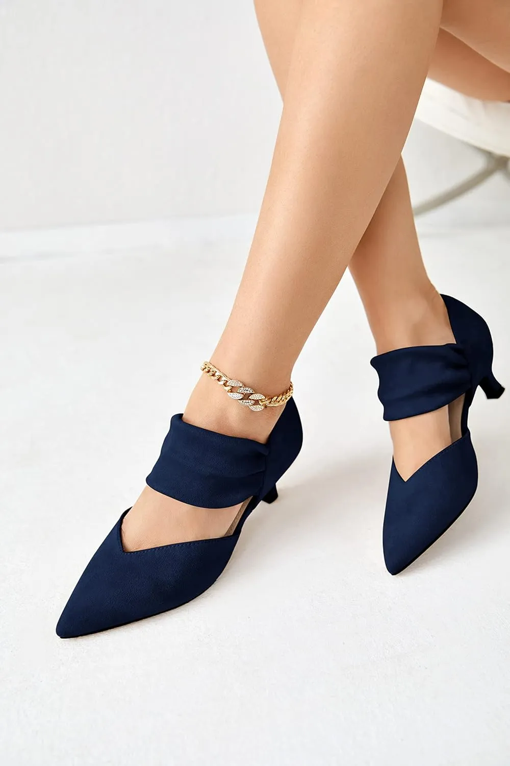 Coutgo Womens Low Kitten Heel Dress Shoes Pointed Toe Slip on Ankle Strap Cutout Elegant Party Wedding Pumps