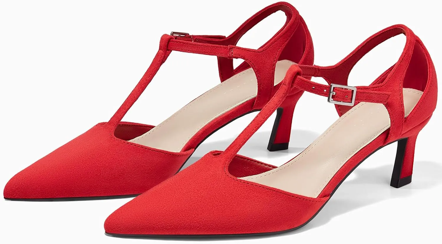 Coutgo Womens Low Kitten Heels T Strap Closed Pointed Toe Ankle Buckle Pumps Wedding Party Dress Shoes