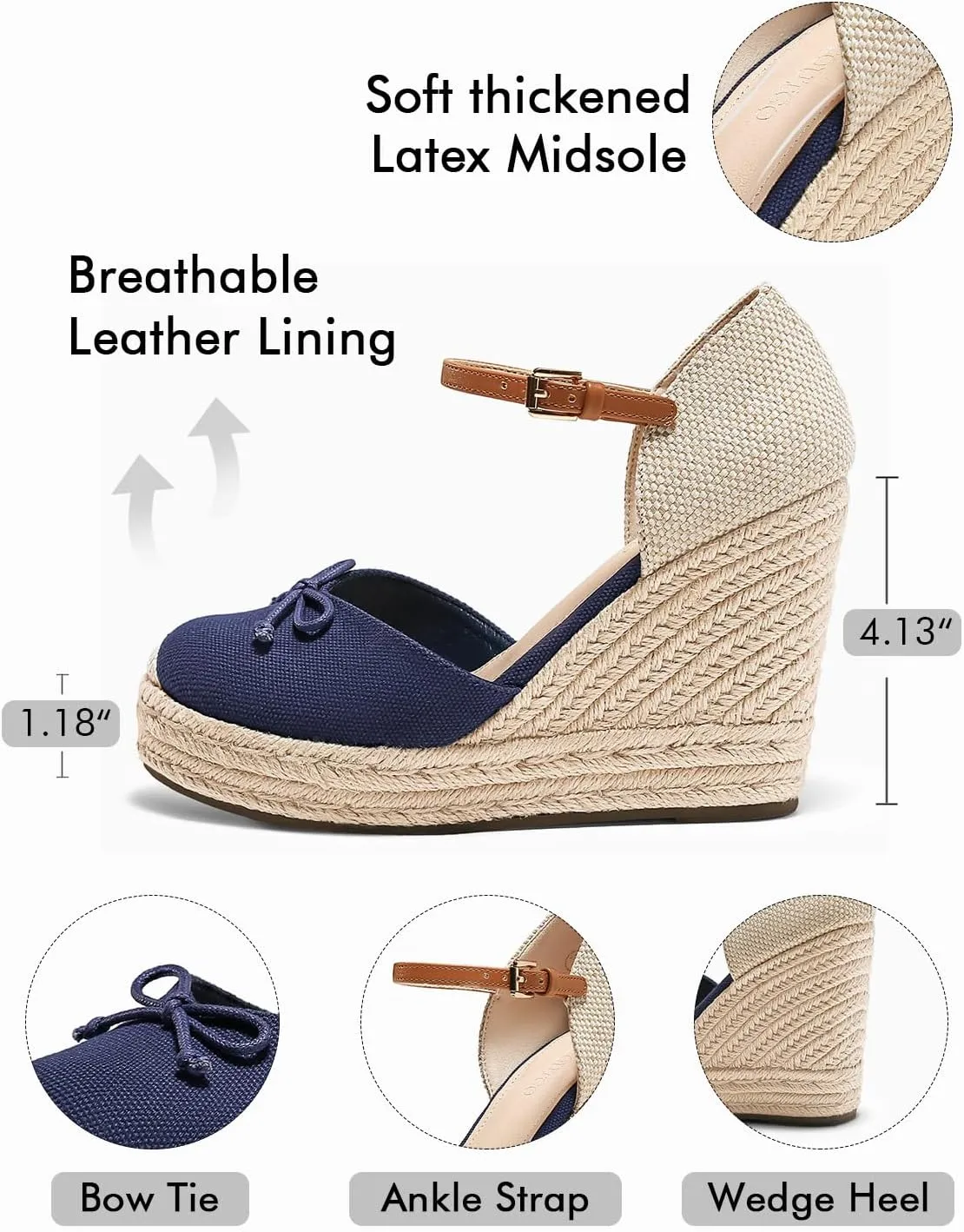 Coutgo Womens Platform Espadrilles Wedge Sandals Closed Cap Toe Bow Tie Ankle Buckle Strap Summer Dress Shoes