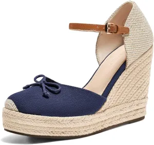 Coutgo Womens Platform Espadrilles Wedge Sandals Closed Cap Toe Bow Tie Ankle Buckle Strap Summer Dress Shoes