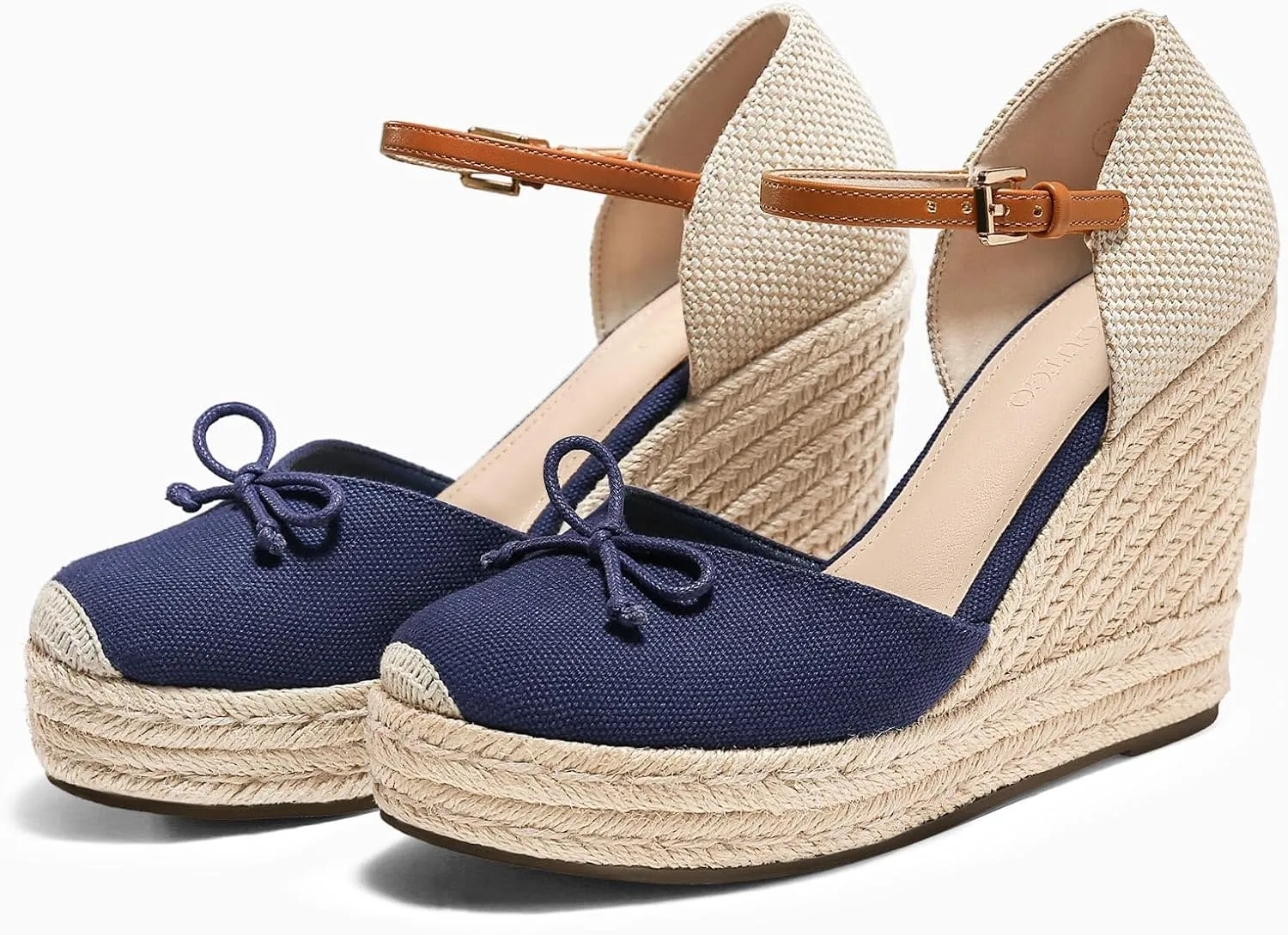 Coutgo Womens Platform Espadrilles Wedge Sandals Closed Cap Toe Bow Tie Ankle Buckle Strap Summer Dress Shoes