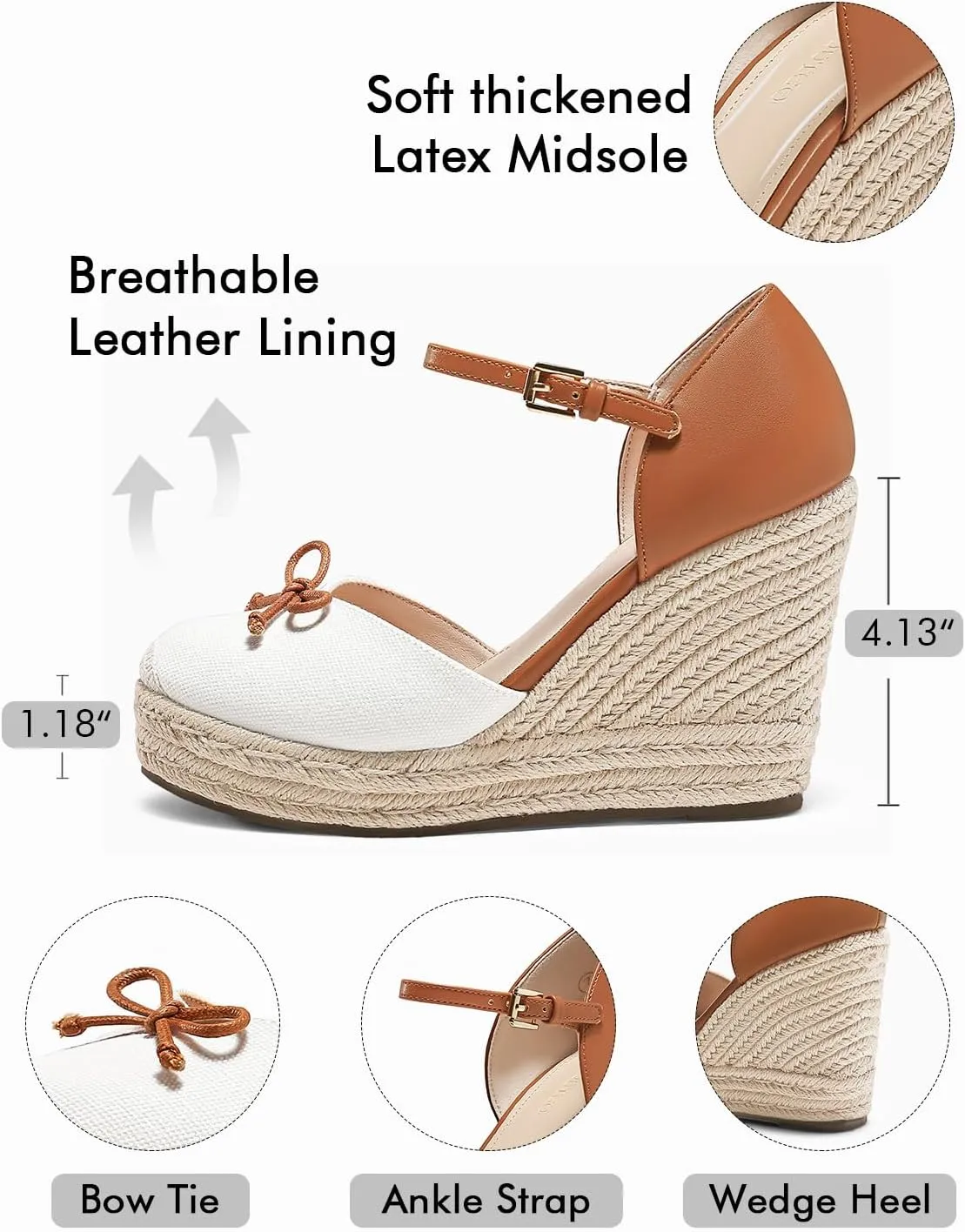 Coutgo Womens Platform Espadrilles Wedge Sandals Closed Cap Toe Bow Tie Ankle Buckle Strap Summer Dress Shoes