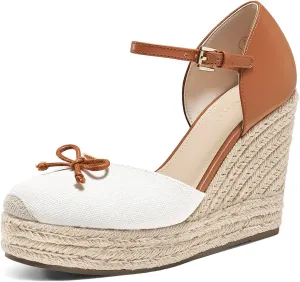 Coutgo Womens Platform Espadrilles Wedge Sandals Closed Cap Toe Bow Tie Ankle Buckle Strap Summer Dress Shoes