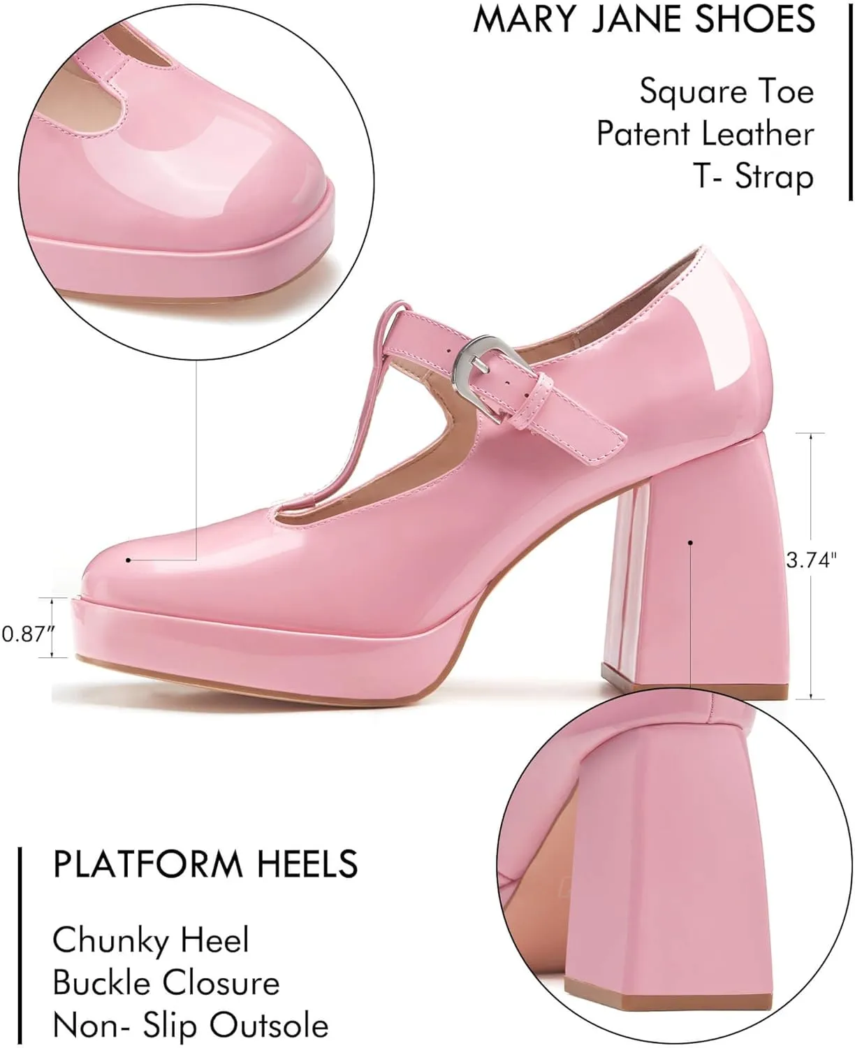 Coutgo Women's T-Strap Platform Mary Janes Square Toe High Chunky Heels Dress Party Pumps Shoes