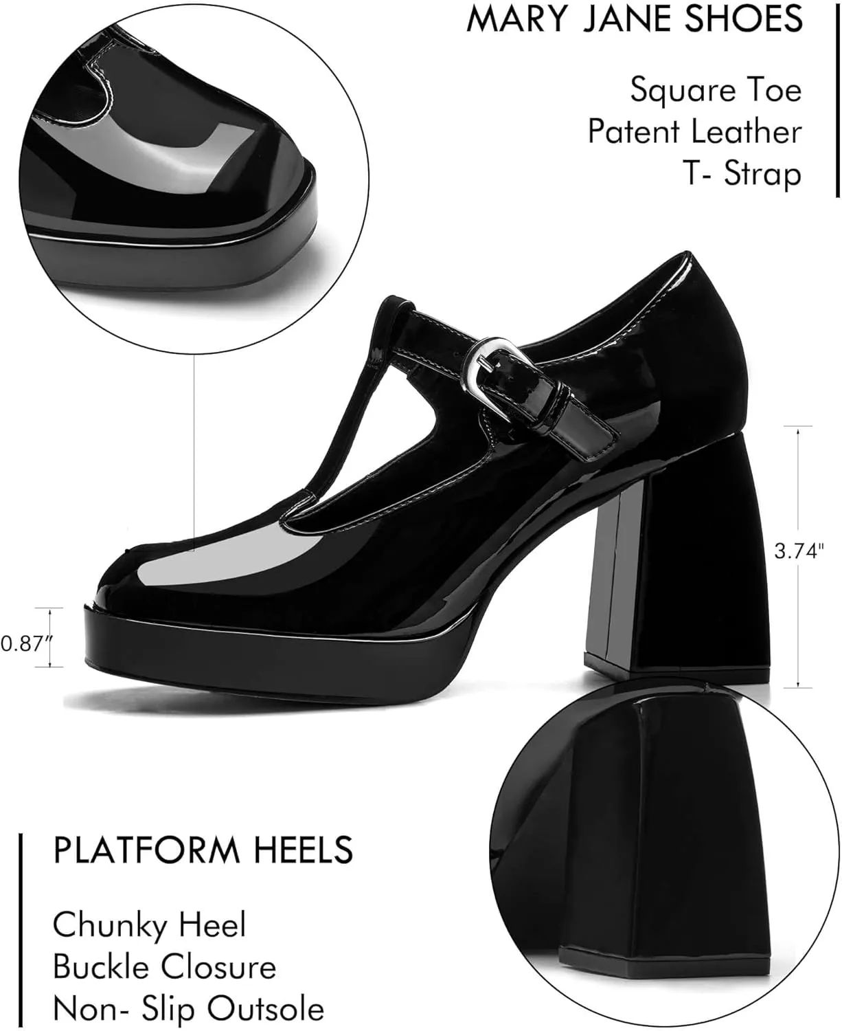 Coutgo Women's T-Strap Platform Mary Janes Square Toe High Chunky Heels Dress Party Pumps Shoes