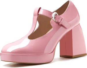 Coutgo Women's T-Strap Platform Mary Janes Square Toe High Chunky Heels Dress Party Pumps Shoes