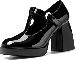 Coutgo Women's T-Strap Platform Mary Janes Square Toe High Chunky Heels Dress Party Pumps Shoes