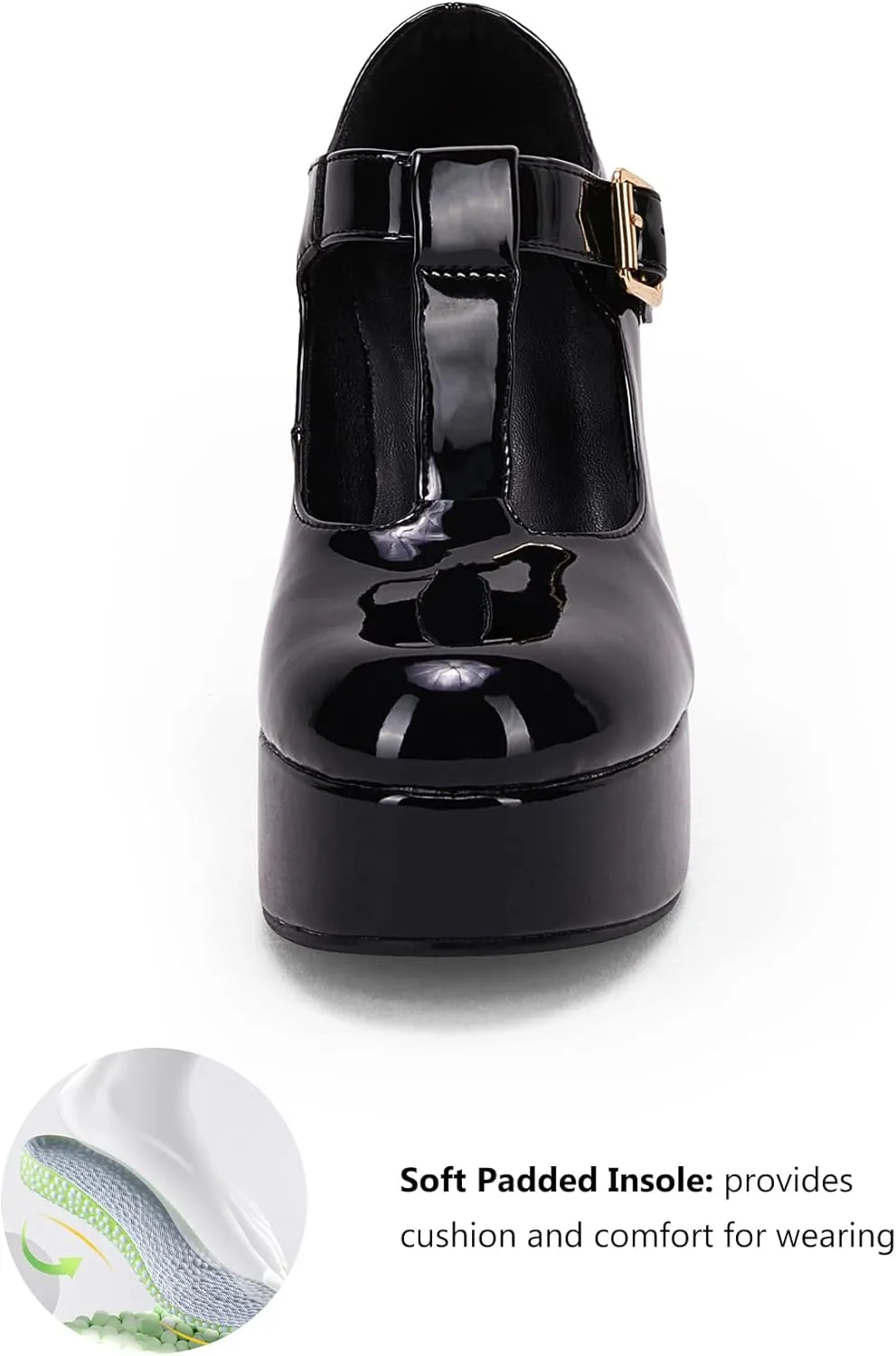 Coutgo Women's T-Strap Round Toe Platform Heels Chunky Heel Patent Mary Jane Dress Shoes