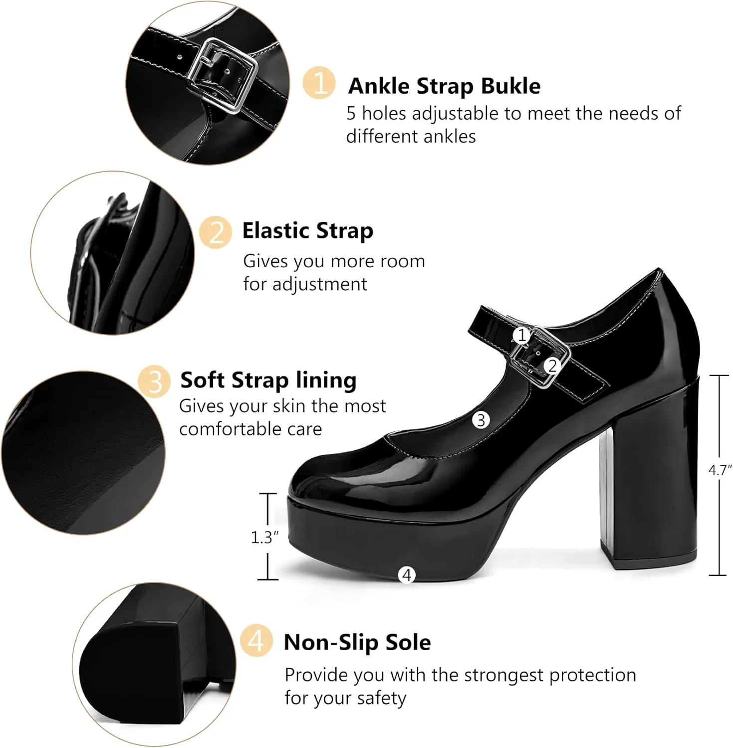 Coutgo Women's T-Strap Round Toe Platform Heels Chunky Heel Patent Mary Jane Dress Shoes