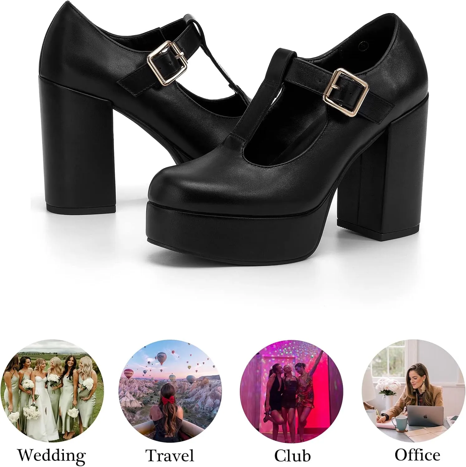 Coutgo Women's T-Strap Round Toe Platform Heels Chunky Heel Patent Mary Jane Dress Shoes