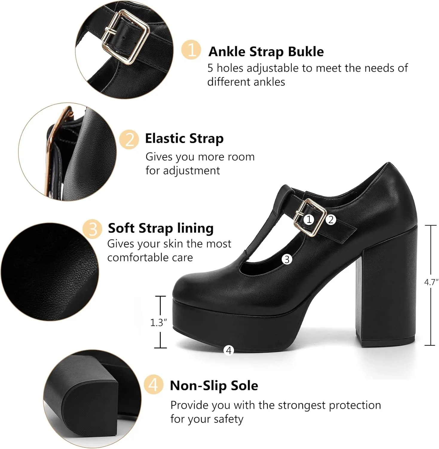 Coutgo Women's T-Strap Round Toe Platform Heels Chunky Heel Patent Mary Jane Dress Shoes