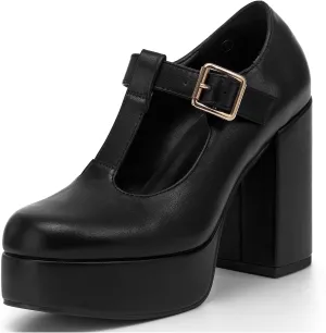 Coutgo Women's T-Strap Round Toe Platform Heels Chunky Heel Patent Mary Jane Dress Shoes