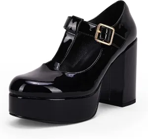 Coutgo Women's T-Strap Round Toe Platform Heels Chunky Heel Patent Mary Jane Dress Shoes
