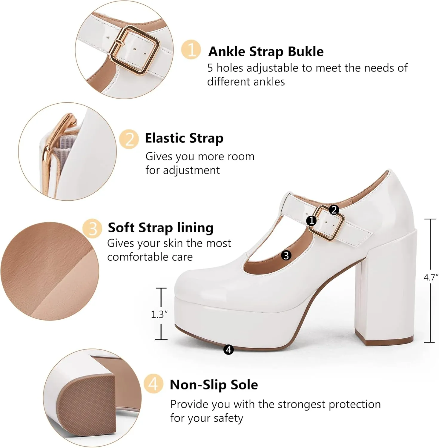 Coutgo Women's T-Strap Round Toe Platform Heels Chunky Heel Patent Mary Jane Dress Shoes