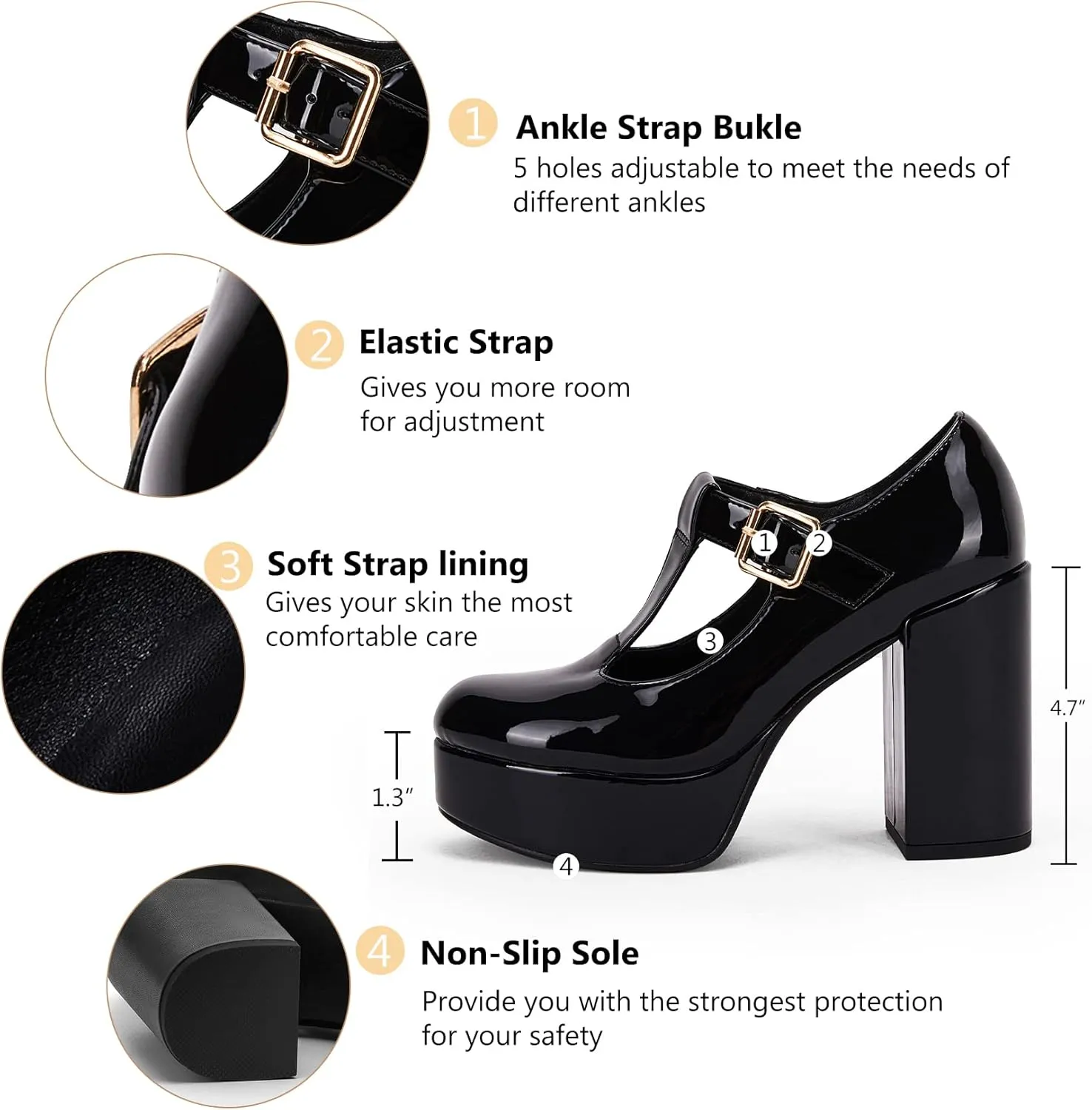 Coutgo Women's T-Strap Round Toe Platform Heels Chunky Heel Patent Mary Jane Dress Shoes