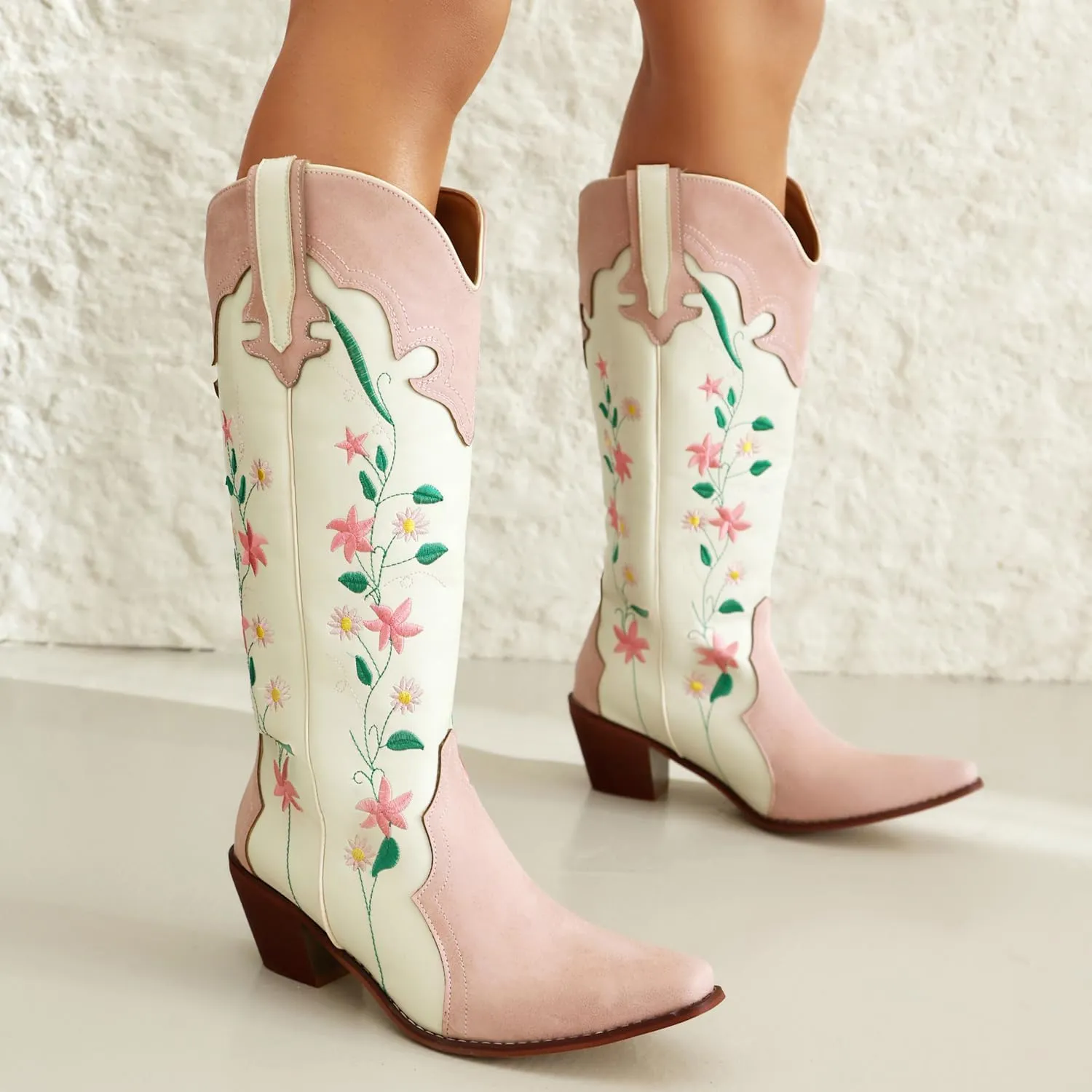 Cowboy Boots For Women, Cute Bluebonnet Floral Embroidered Fashion Country Boots Pointed Toe Chunky Heel Wide Calf Fancy Comfortable Pu Leather, Cowgirl Boots