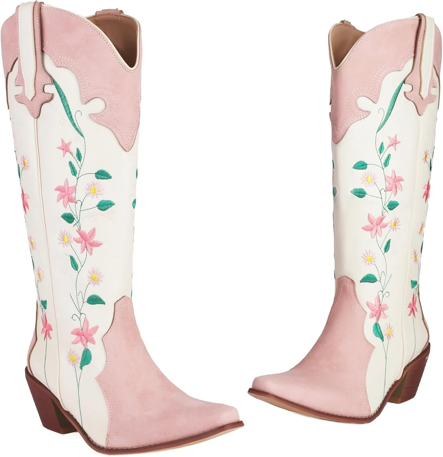 Cowboy Boots For Women, Cute Bluebonnet Floral Embroidered Fashion Country Boots Pointed Toe Chunky Heel Wide Calf Fancy Comfortable Pu Leather, Cowgirl Boots