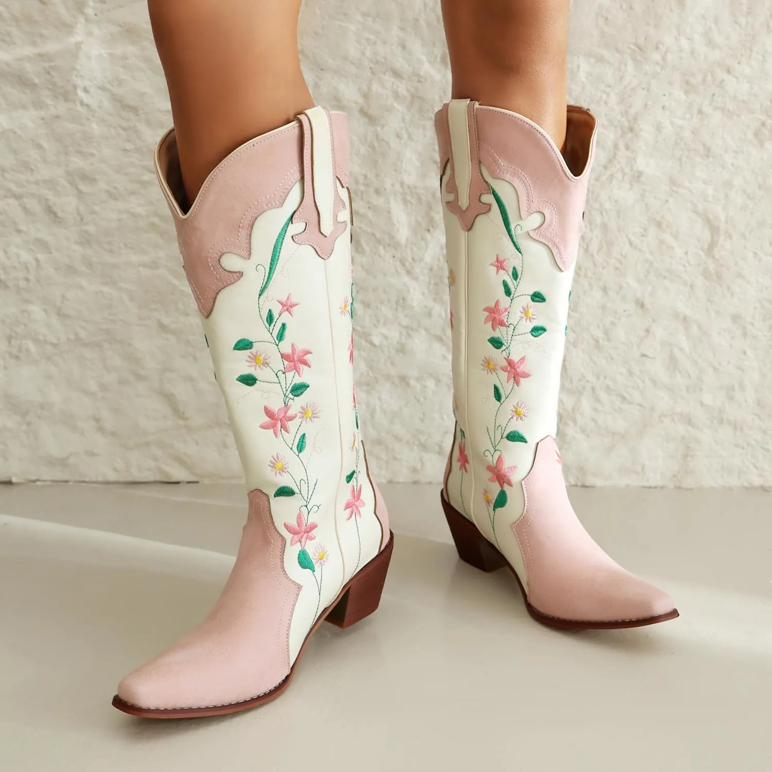 Cowboy Boots For Women, Cute Bluebonnet Floral Embroidered Fashion Country Boots Pointed Toe Chunky Heel Wide Calf Fancy Comfortable Pu Leather, Cowgirl Boots
