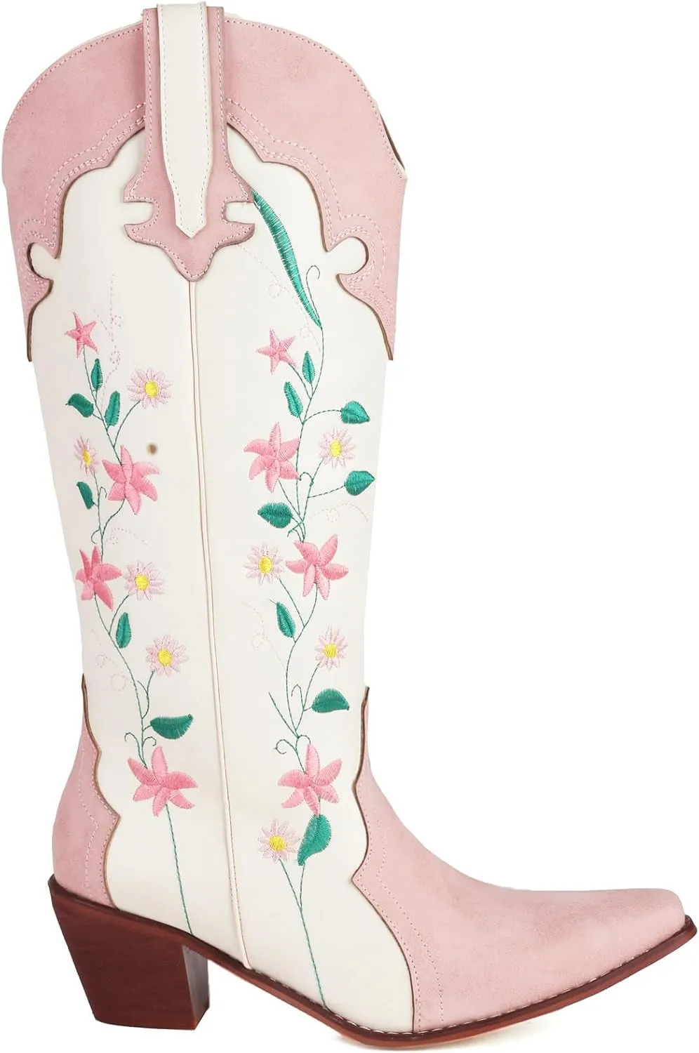 Cowboy Boots For Women, Cute Bluebonnet Floral Embroidered Fashion Country Boots Pointed Toe Chunky Heel Wide Calf Fancy Comfortable Pu Leather, Cowgirl Boots