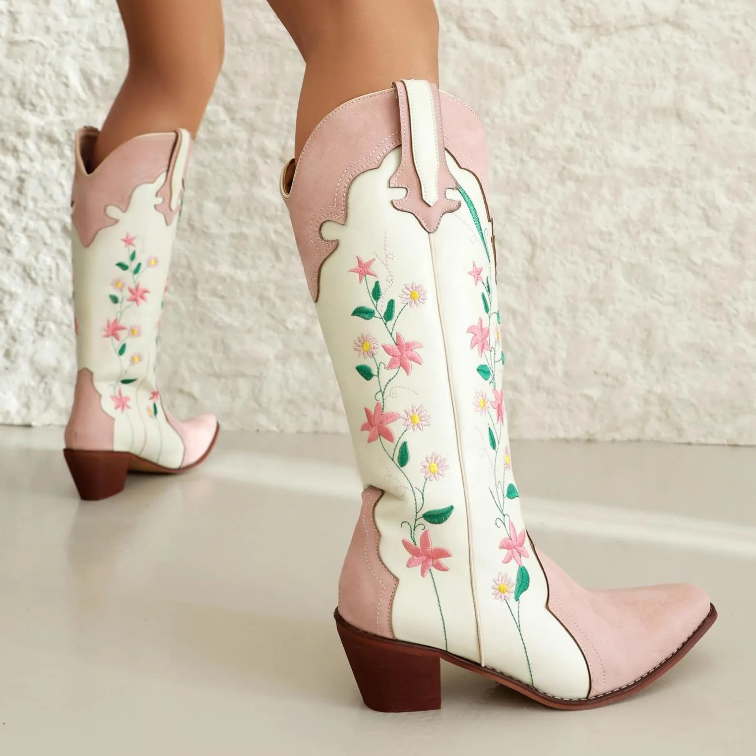 Cowboy Boots For Women, Cute Bluebonnet Floral Embroidered Fashion Country Boots Pointed Toe Chunky Heel Wide Calf Fancy Comfortable Pu Leather, Cowgirl Boots