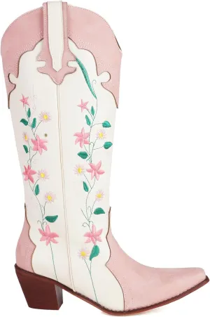 Cowboy Boots For Women, Cute Bluebonnet Floral Embroidered Fashion Country Boots Pointed Toe Chunky Heel Wide Calf Fancy Comfortable Pu Leather, Cowgirl Boots