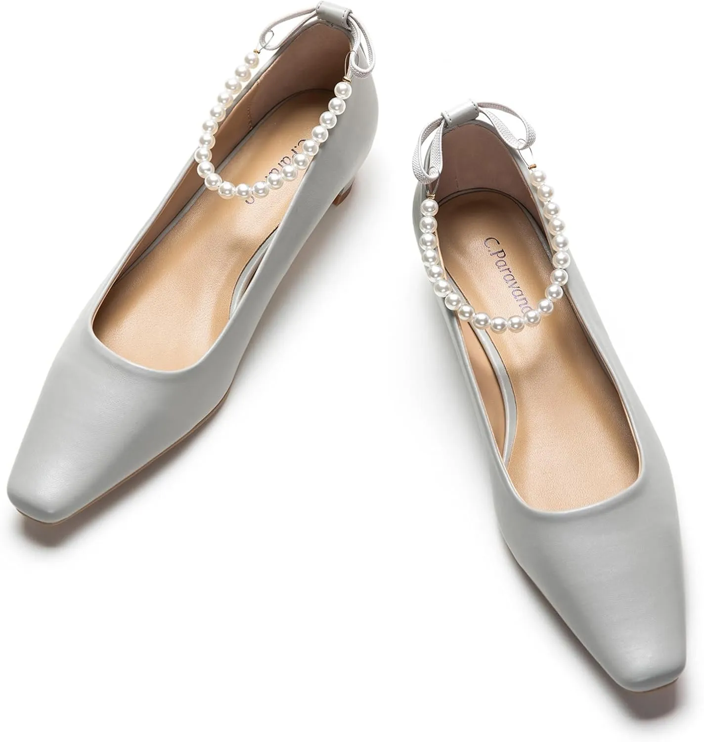 C.Paravano Ladies' Chunky Low Heel Pearl Ankle Strap Women's Square Toe Pumps Closed Toe Low Heel Pumps Bridal Wedding Shoes 1.1in Heels（Grey，7.5）