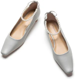 C.Paravano Ladies' Chunky Low Heel Pearl Ankle Strap Women's Square Toe Pumps Closed Toe Low Heel Pumps Bridal Wedding Shoes 1.1in Heels（Grey，7.5）