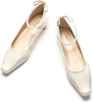 C.Paravano Ladies' Chunky Low Heel Pearl Ankle Strap Women's Square Toe Pumps Closed Toe Low Heel Pumps Bridal Wedding Shoes 1.1in Heels（Ivory，6.5）