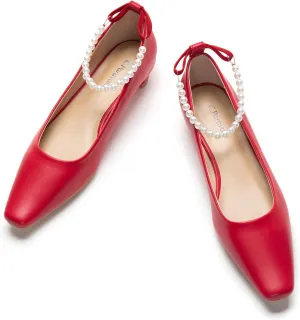 C.Paravano Ladies' Chunky Low Heel Pearl Ankle Strap Women's Square Toe Pumps Closed Toe Low Heel Pumps Bridal Wedding Shoes 1.1in Heels（Red，8.5）