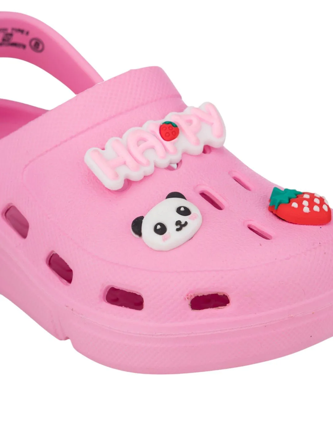 Cute Clogs with Panda, Strawberry & HAPPY Letter Charms for Girls- Pink