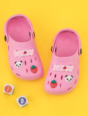 Cute Clogs with Panda, Strawberry & HAPPY Letter Charms for Girls- Pink
