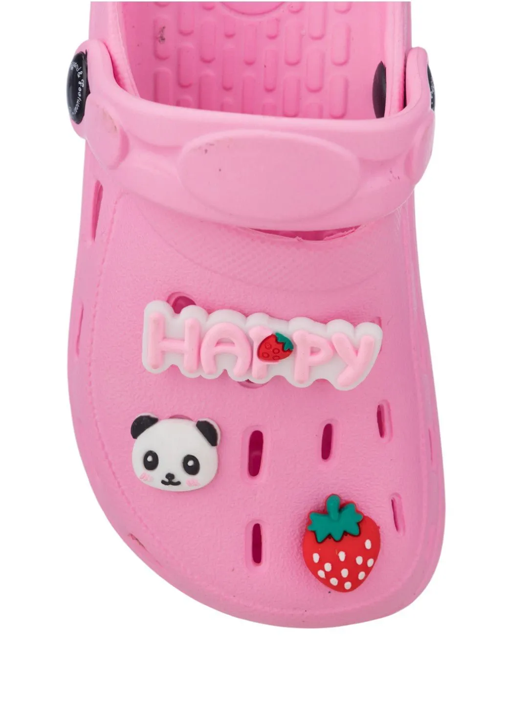 Cute Clogs with Panda, Strawberry & HAPPY Letter Charms for Girls- Pink