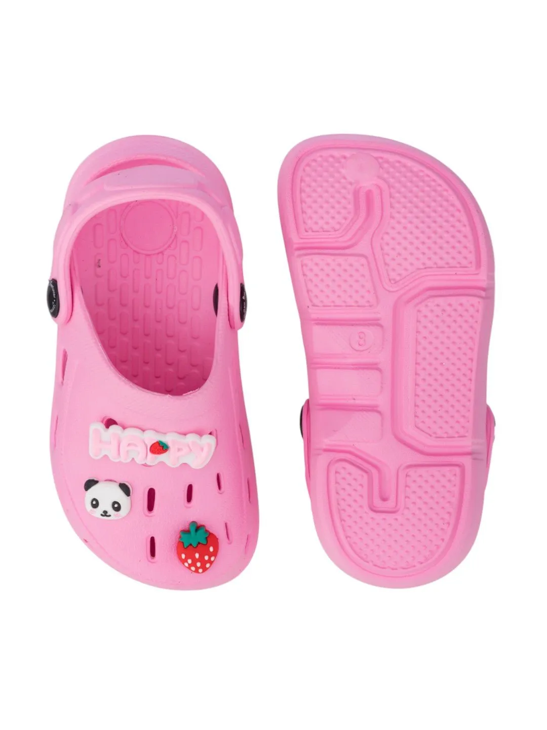 Cute Clogs with Panda, Strawberry & HAPPY Letter Charms for Girls- Pink