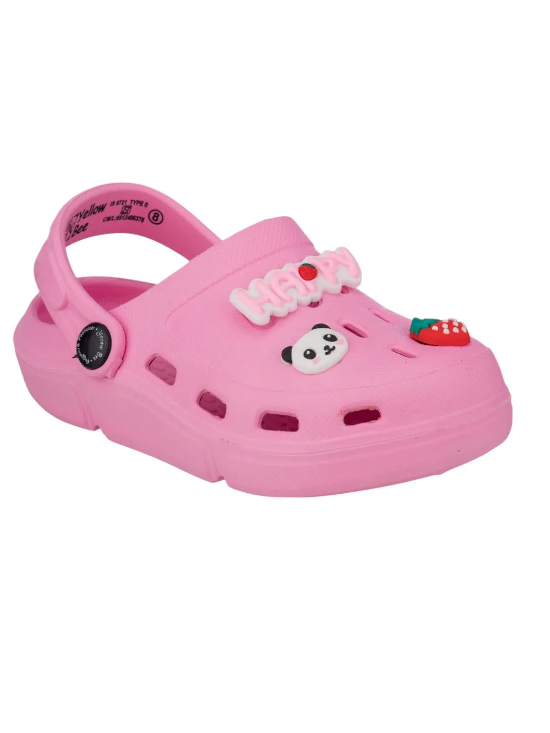 Cute Clogs with Panda, Strawberry & HAPPY Letter Charms for Girls- Pink