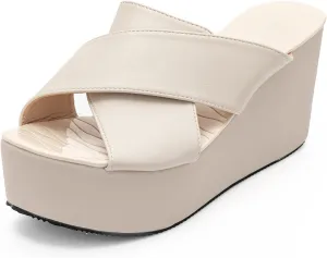 CYBLING Leisure Platform Slides for Woman Peep Toe Wedge Mules Elegant Party Criss Cross Slip on High Heel Slide Sandals (11, Beige, numeric_11)