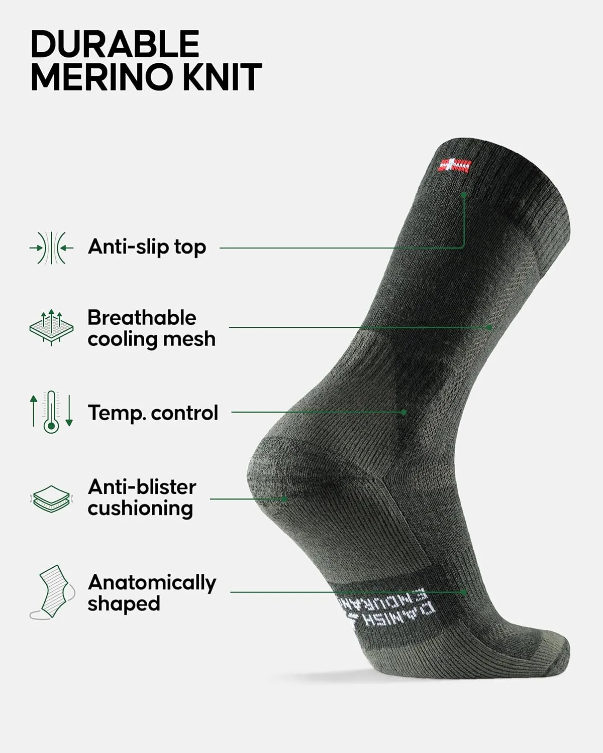 DANISH ENDURANCE Hiking Socks, Merino Wool Socks, Anti Blister, Cushioned, Breathable, Men & Women, 3-Pack