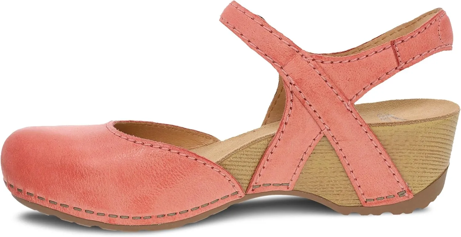 Dansko Tiffani Wedge Sandal for Women - Cushioned, Contoured Footbed for All-Day Comfort and Support - Hook & Loop Strap with Buckle Detail - Lightweight Rubber Outsole