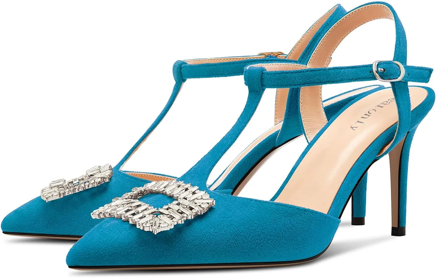 DearOnly Womens Mid Stiletto Heel Pointed Toe T-Strap Pumps Cute Rhinestone Crystal Buckle Prom Party Shoes 3.2 Inches Heels