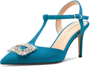 DearOnly Womens Mid Stiletto Heel Pointed Toe T-Strap Pumps Cute Rhinestone Crystal Buckle Prom Party Shoes 3.2 Inches Heels