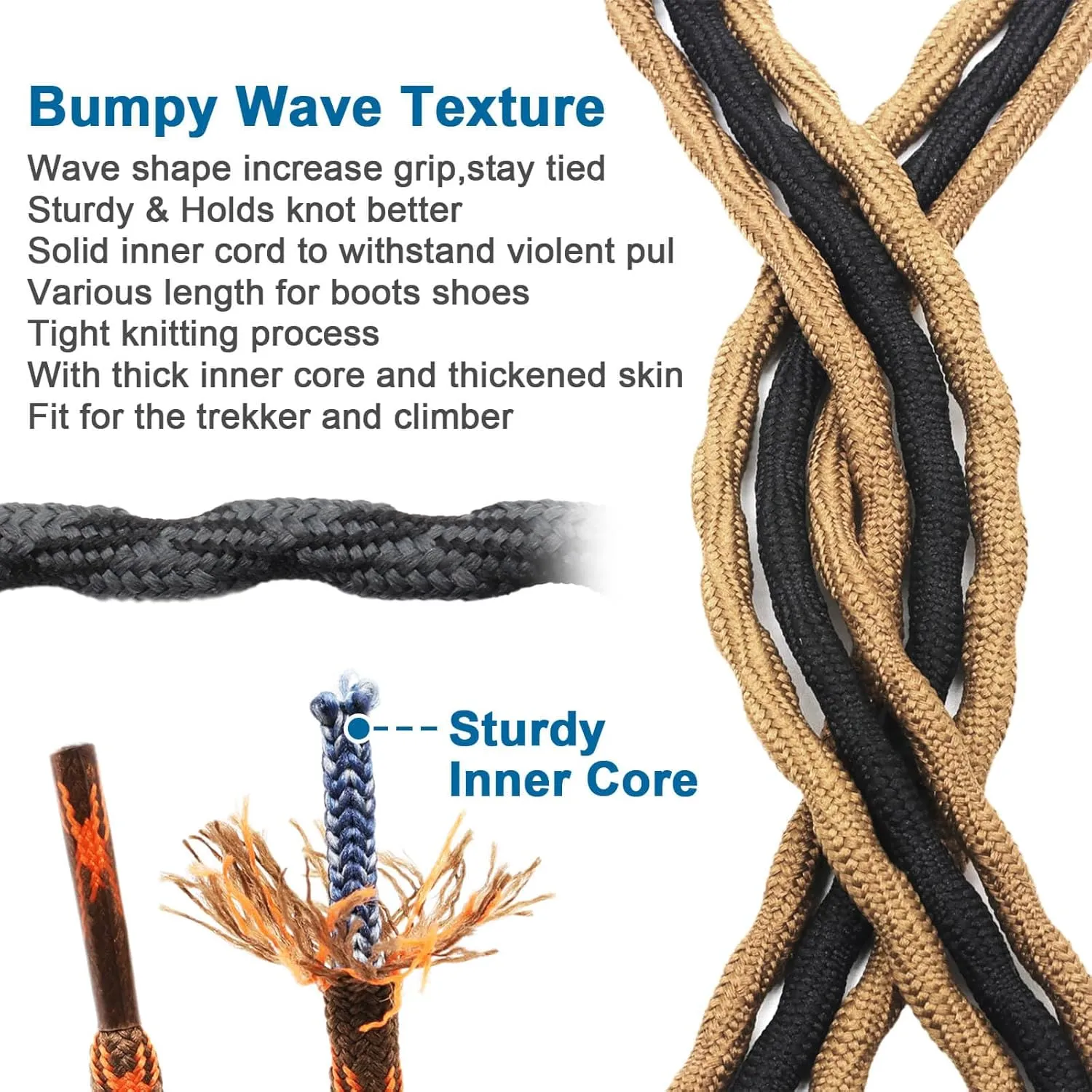 DELELE 2 Pair Round Wave Shape Non Slip Heavy Duty and Durable Outdoor Climbing Shoelaces Hiking Shoe Laces Shoestrings
