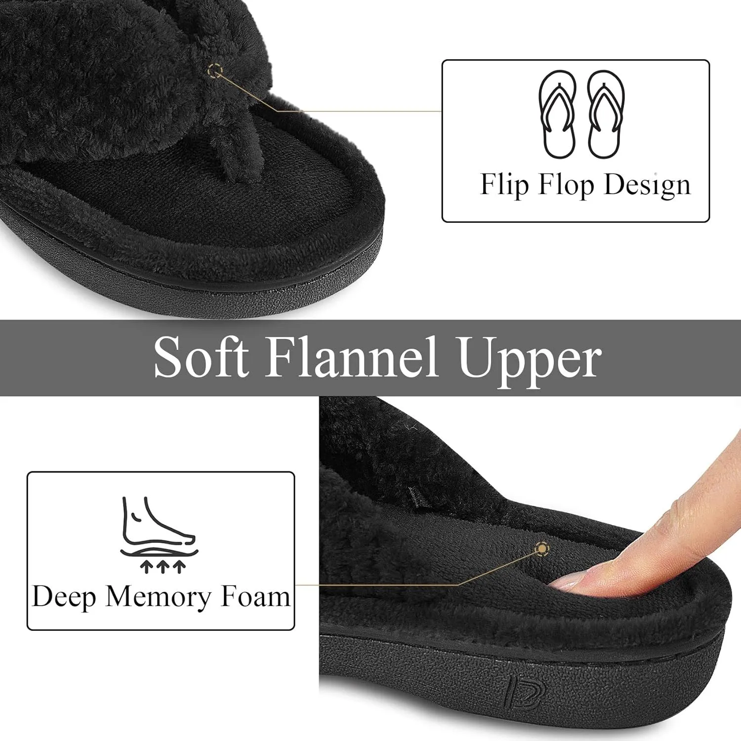 DL Women's Flip Flop Memory Foam Slippers with Cozy Terry Lining Soft Thong Slippers Slip on House Shoes with Indoor Outdoor Arch Support Rubber Sole